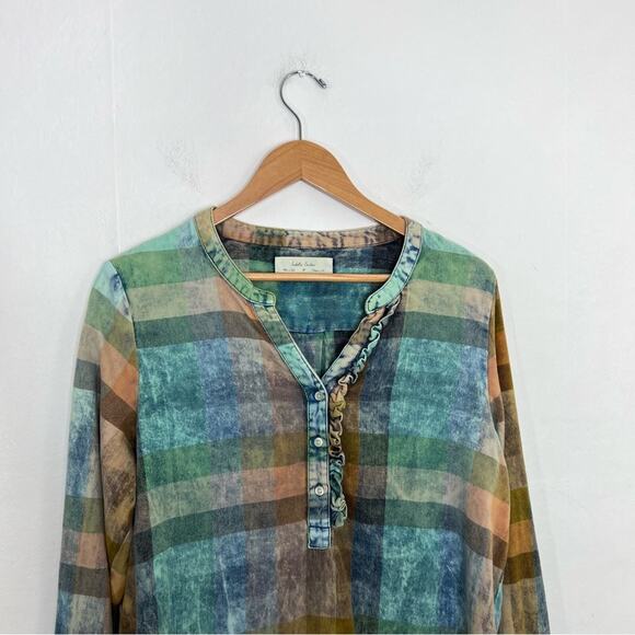 Anthropologie Isabella Sinclair Ruffled Plaid Henley Top Size Medium - Picture 5 of 13